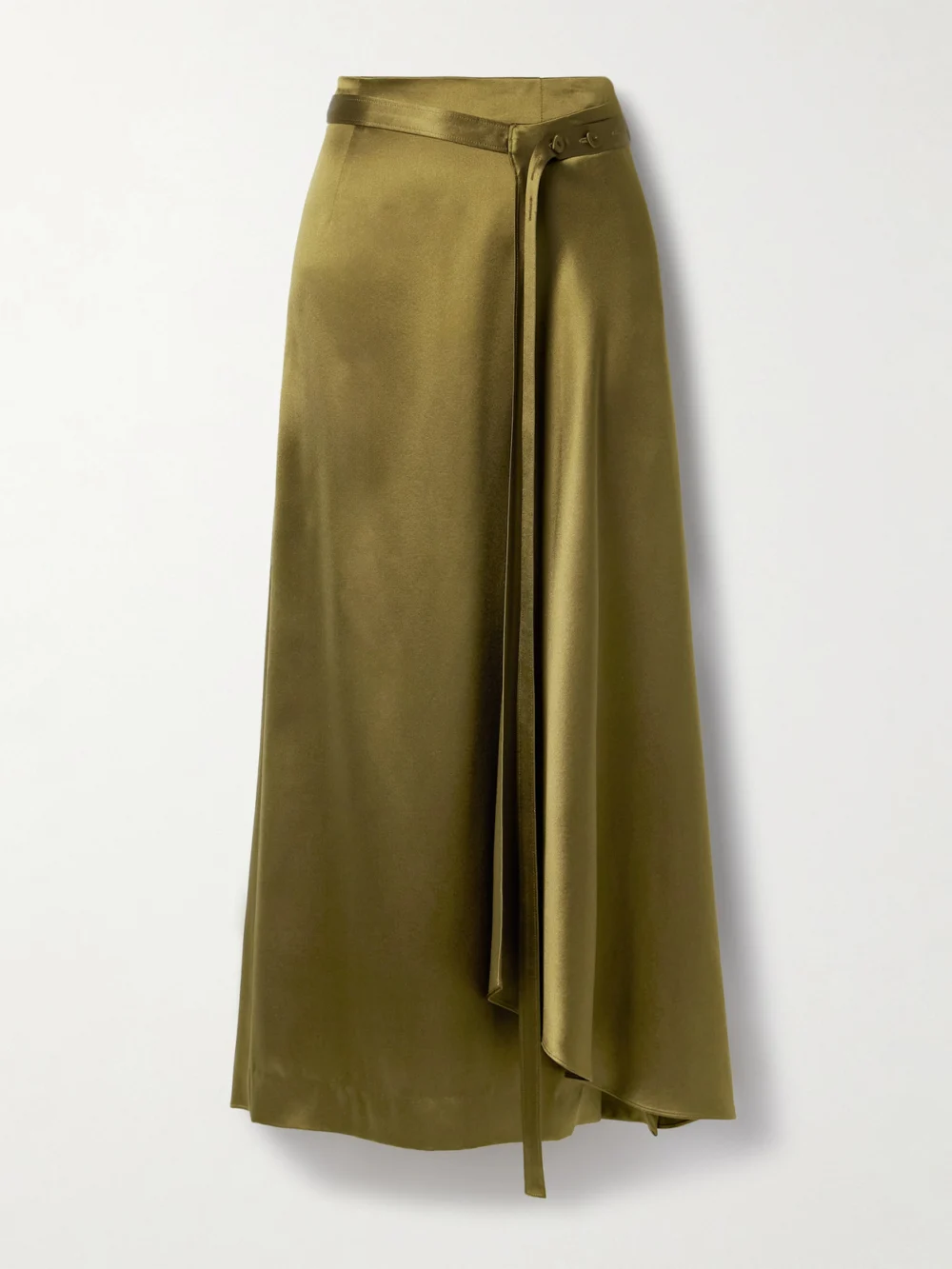 Adam Lippes Bruna Wrap-effect Belted Silk-charmeuse Midi Skirt in army green