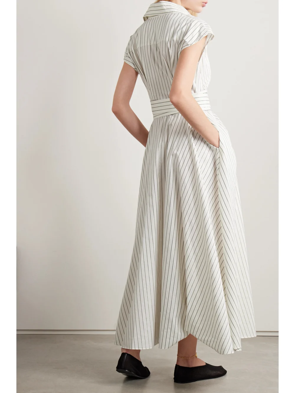 Back view of the Adam Lippes Dejeuner Metallic Striped Cotton-blend Poplin Maxi Shirt Dress