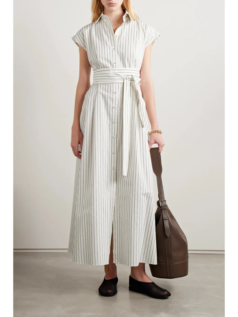 Adam Lippes Dejeuner Metallic Striped Cotton-blend Poplin Maxi Shirt Dress, worn by a model