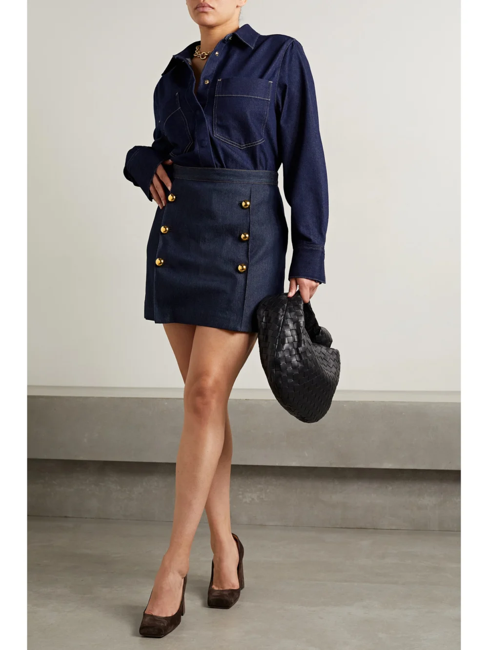 Adam Lippes Embellished Denim Mini Skirt, worn by a model