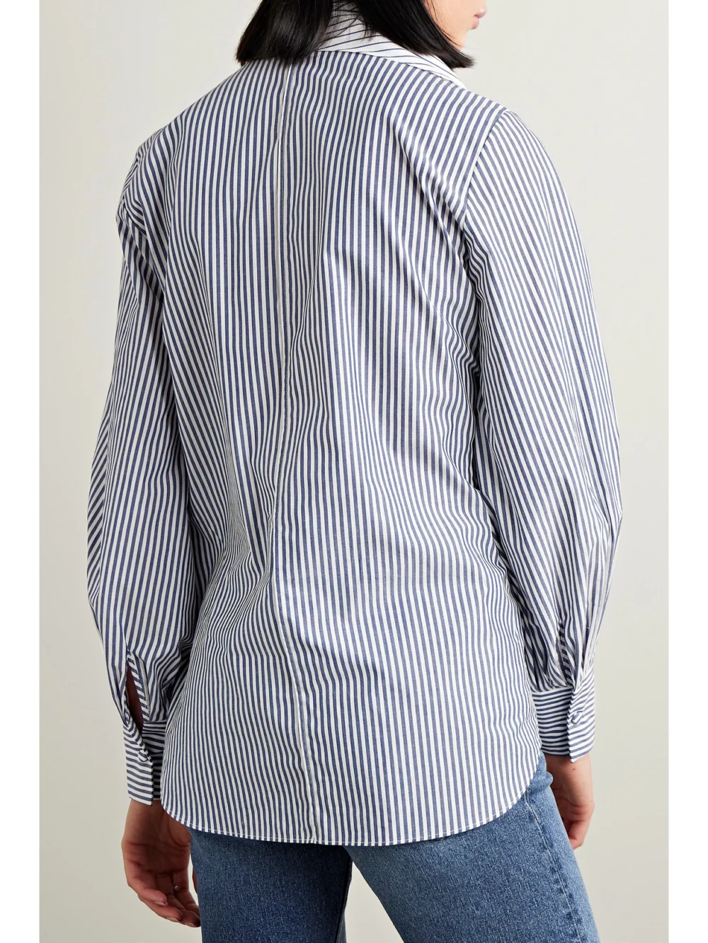 Back view of the Adam Lippes Foulard Draped Striped Cotton-poplin Turtleneck Blouse
