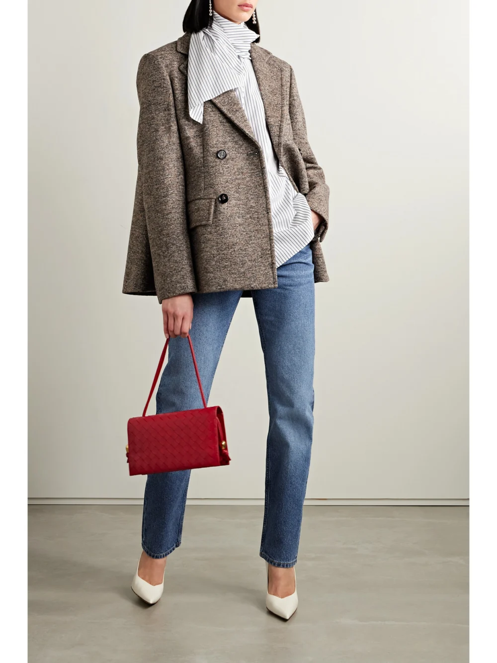 Adam Lippes Foulard Draped Striped Cotton-poplin Turtleneck Blouse, worn by a model