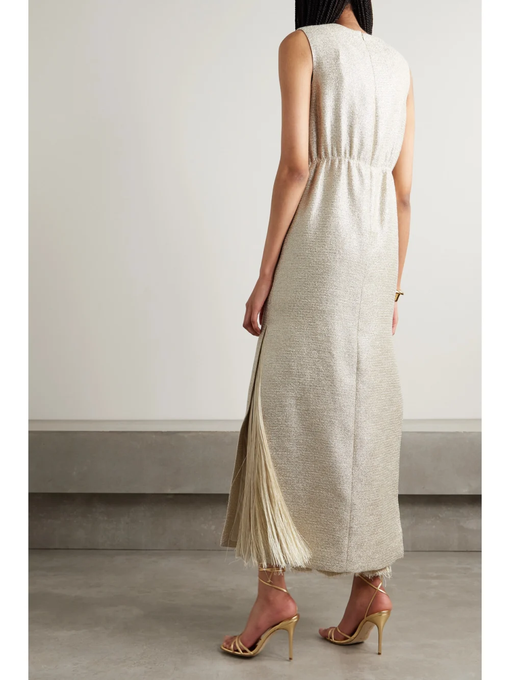 Back view of the Adam Lippes Fringed Metallic Tweed Maxi Dress