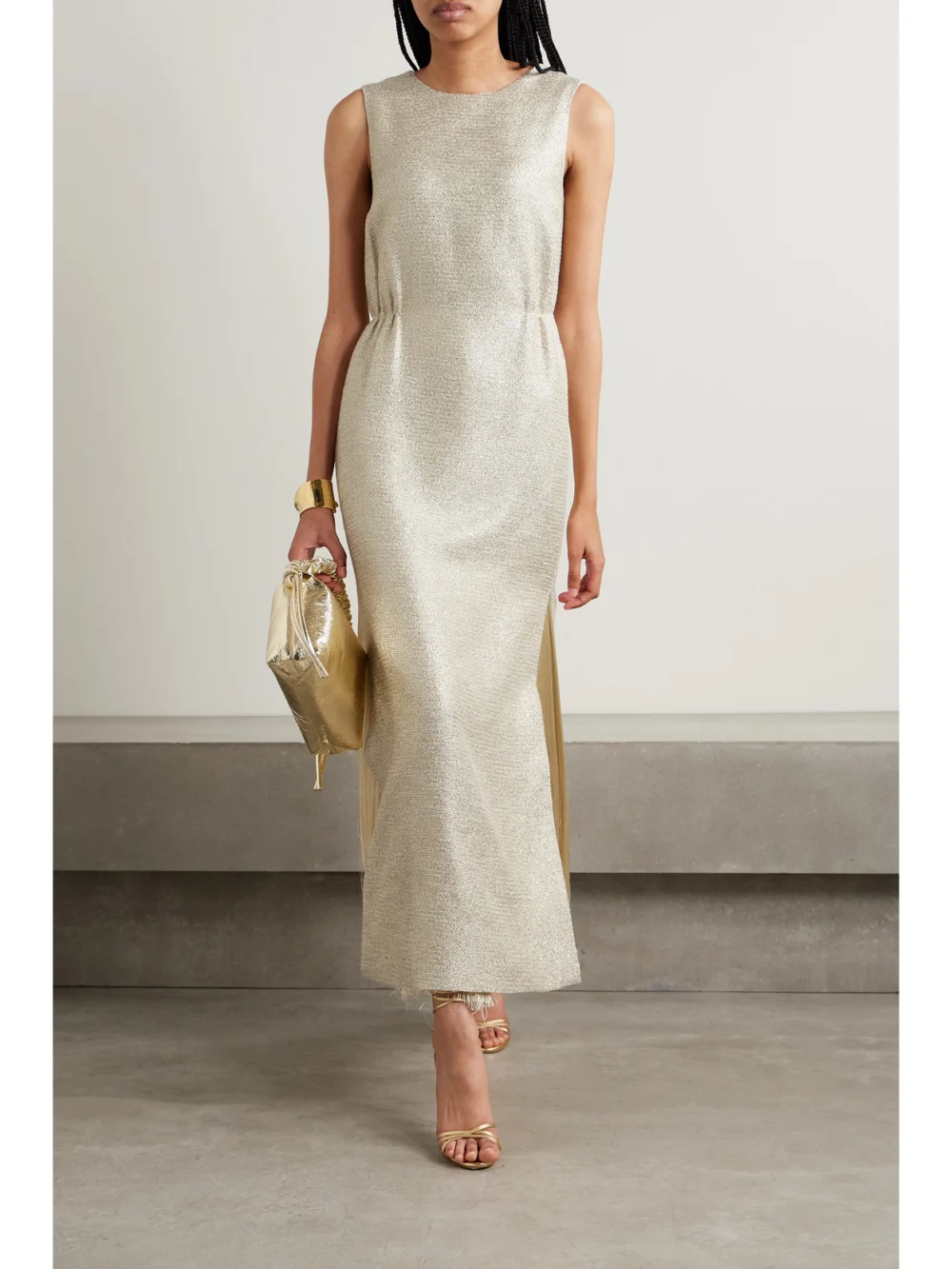 Adam Lippes Fringed Metallic Tweed Maxi Dress, worn by a model