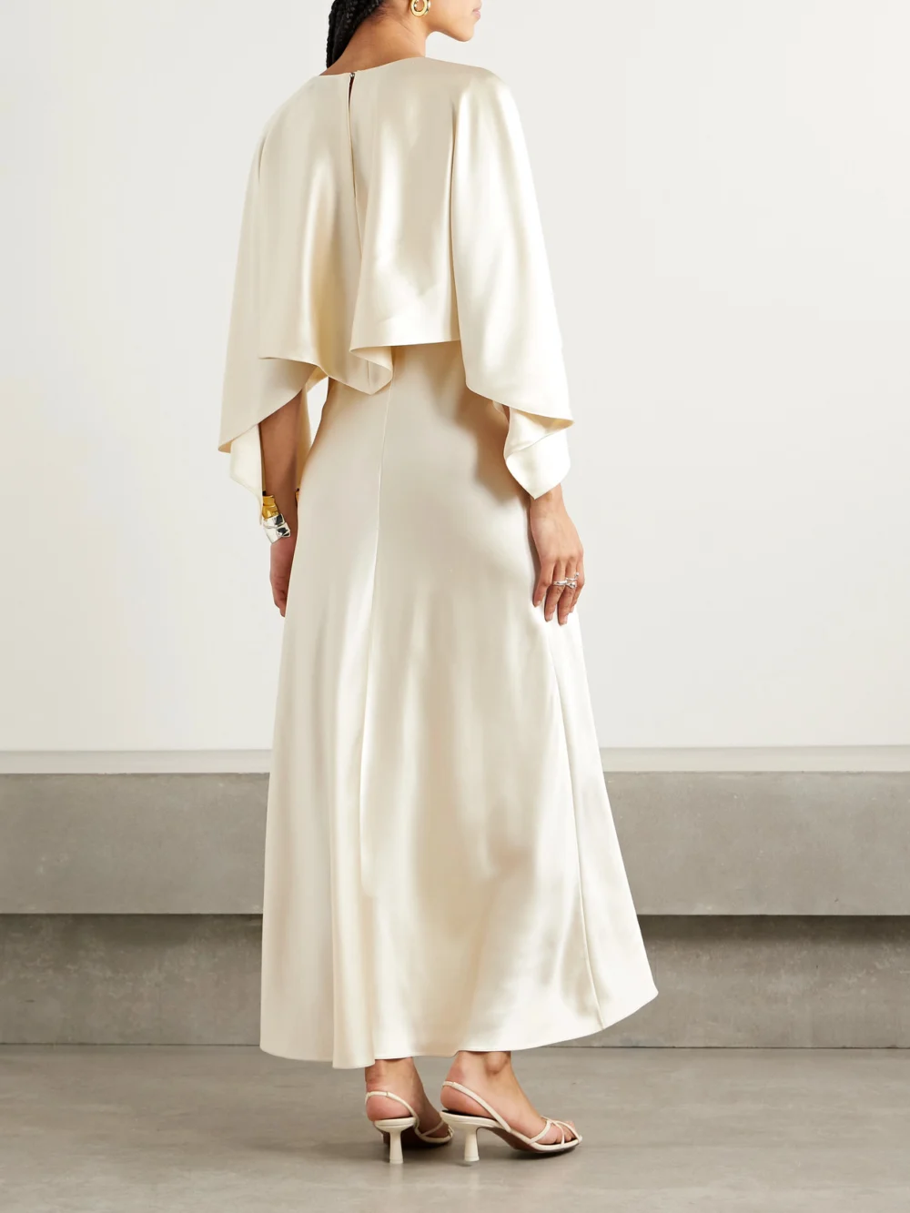 Back view of the Adam Lippes Larys Layered Asymmetric Cape-effect Silk-charmeuse Maxi Dress