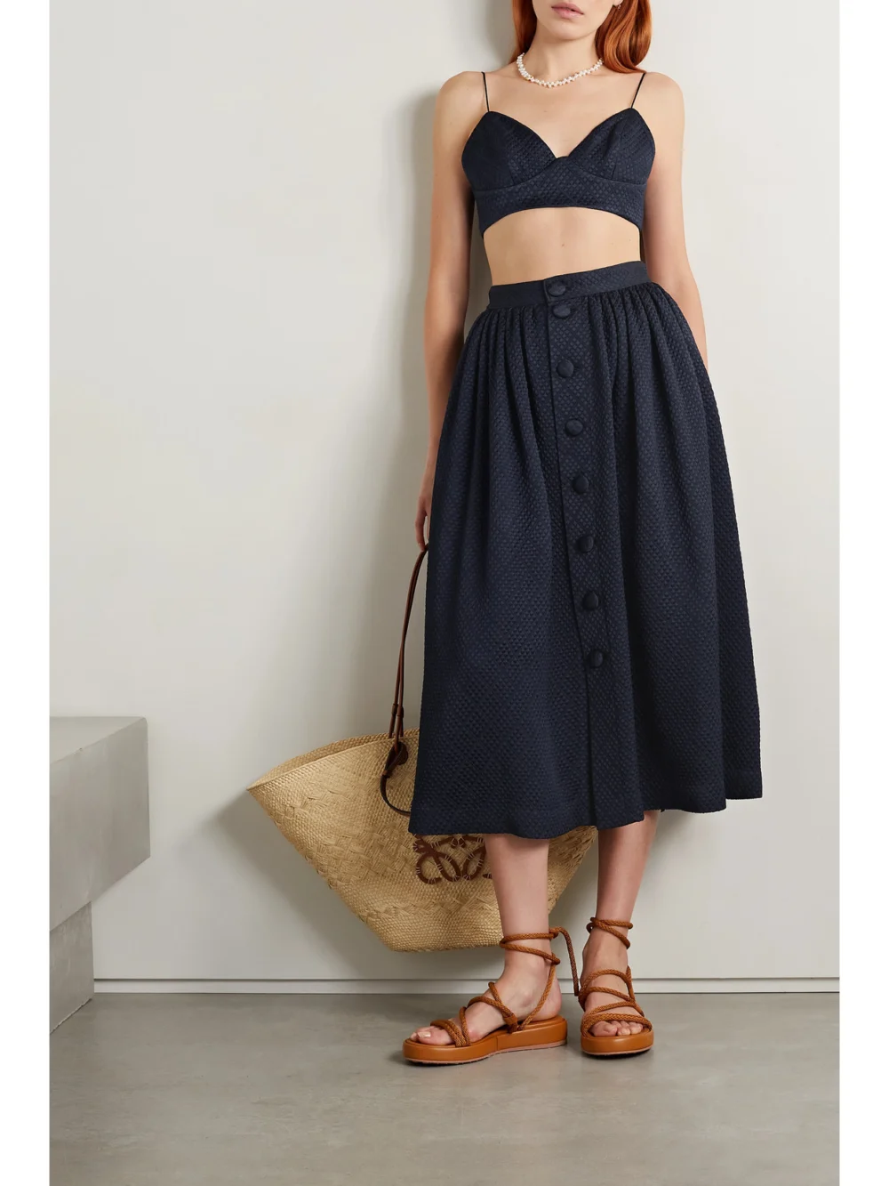 Adam Lippes Matelassé Wool-blend Midi Skirt, worn by a model