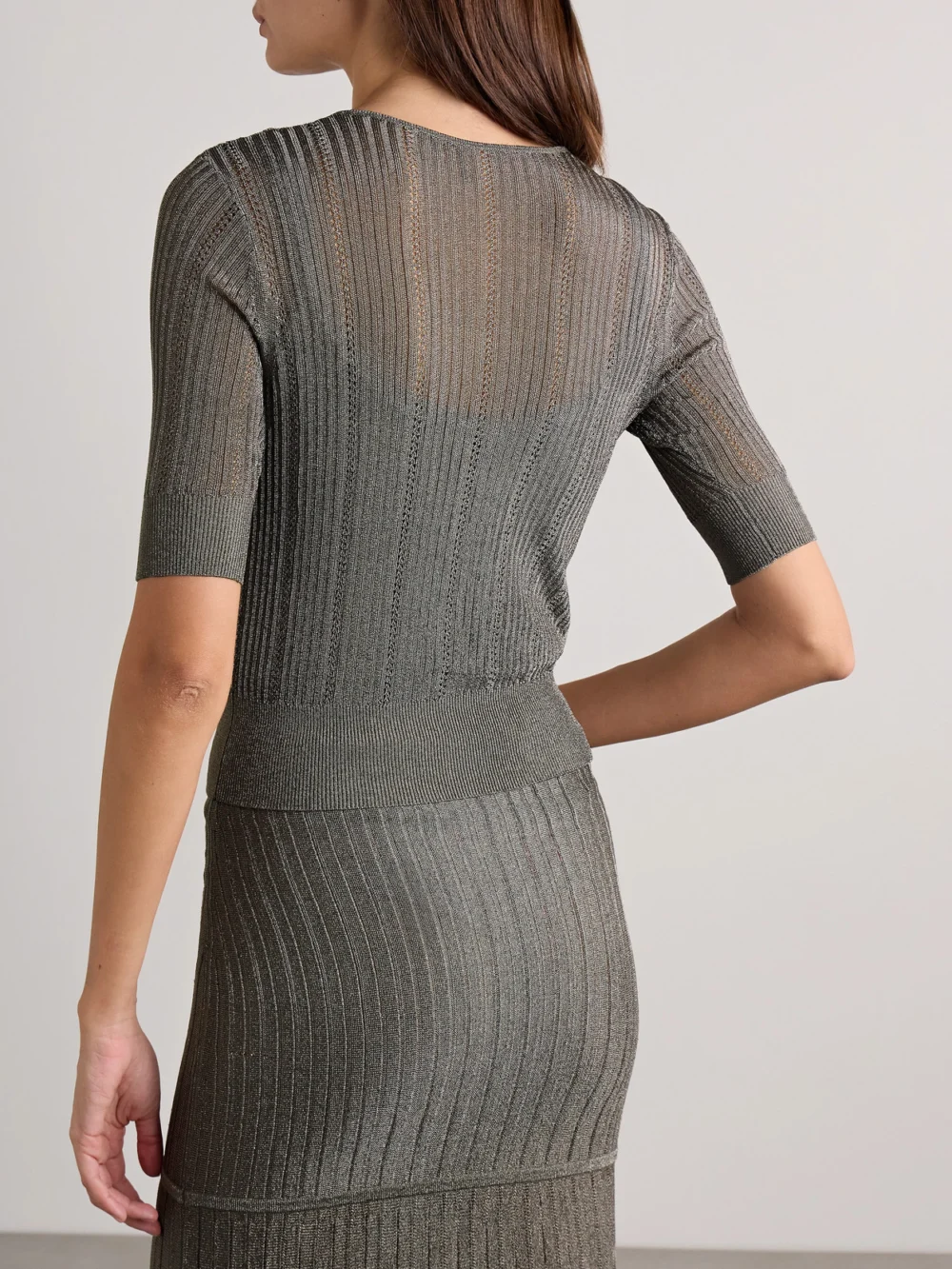 Back view of the Adam Lippes Metallic Pointelle and Ribbed-knit Cardigan