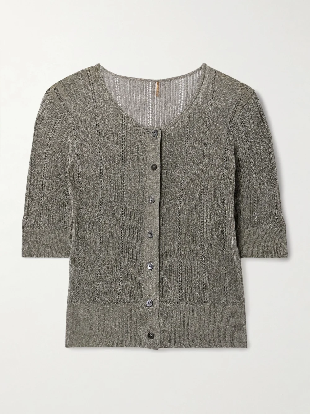Adam Lippes Metallic Pointelle and Ribbed-knit Cardigan in taupe