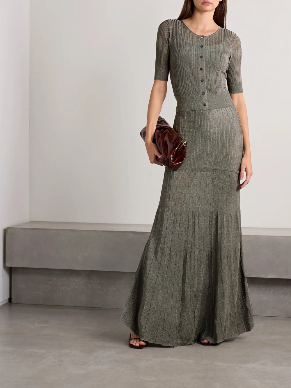Adam Lippes Metallic Pointelle and Ribbed-knit Cardigan, worn by a model