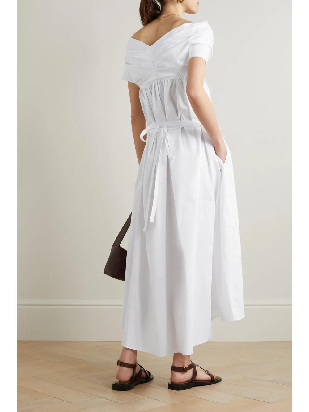 Back view of the Adam Lippes Off-the-shoulder Ruched Cotton-poplin Midi Dress