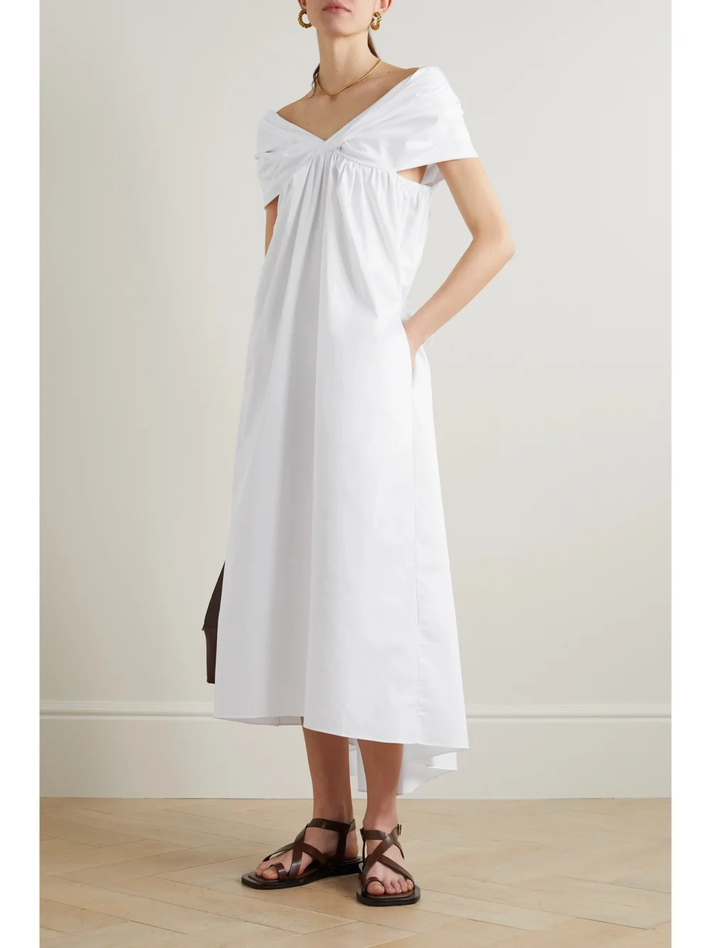 Adam Lippes Off-the-shoulder Ruched Cotton-poplin Midi Dress, worn by a model