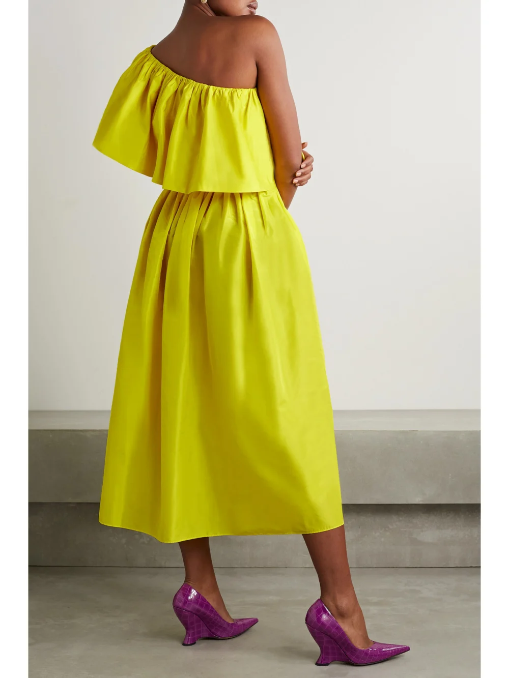 Back view of the Adam Lippes One-shoulder Ruffled Belted Silk-taffeta Midi Dress