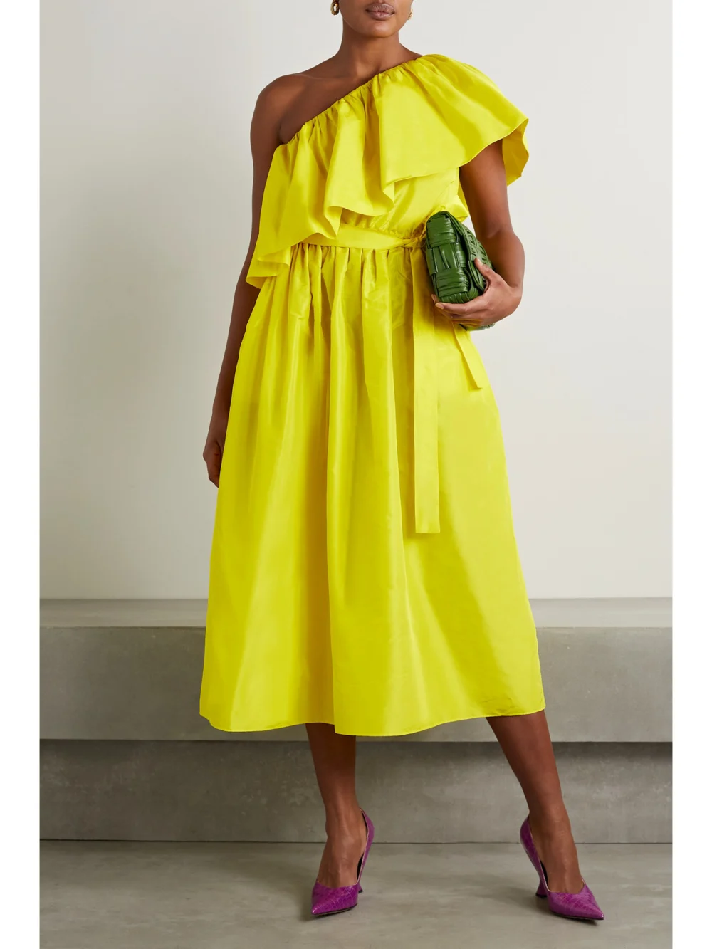 Adam Lippes One-shoulder Ruffled Belted Silk-taffeta Midi Dress, worn by a model