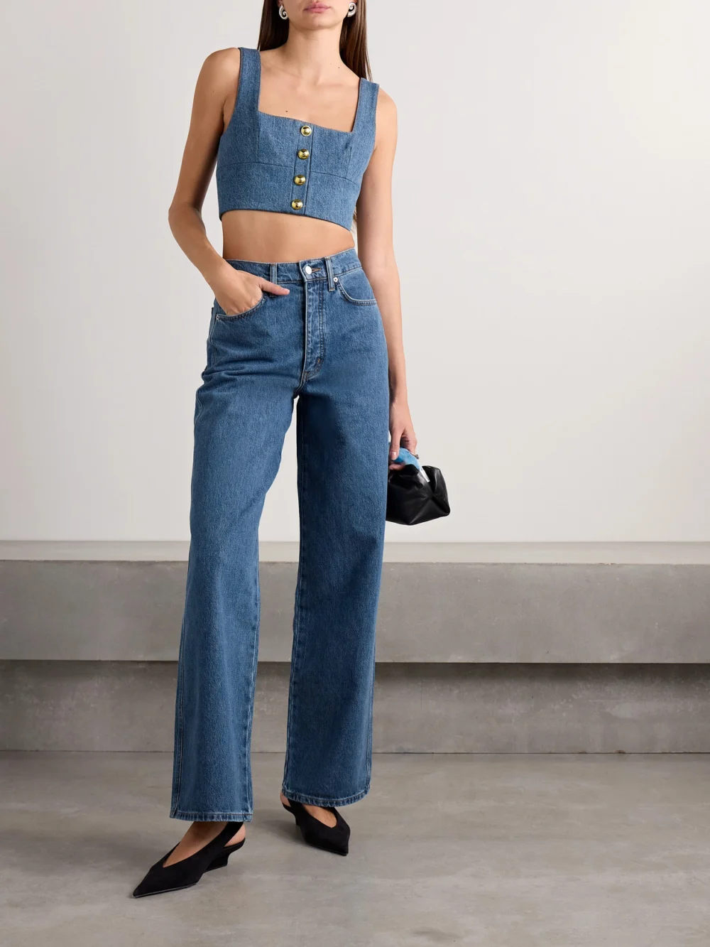 Adam Lippes Quinn Button-embellished Cropped Denim Top, worn by a model