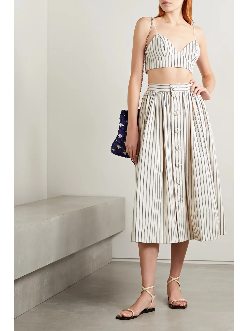 Adam Lippes Striped Cotton-twill Bralette, worn by a model