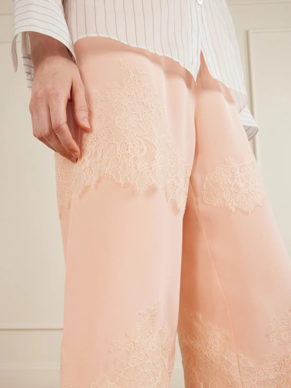Close-up detail of the Aflalo Auden Lace-trimmed Silk-satin Shorts
