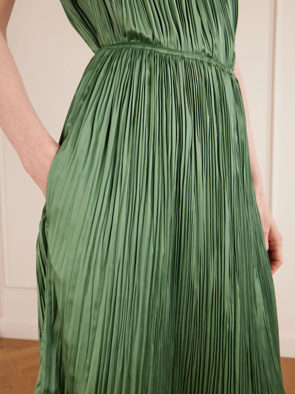Close-up detail of the Aflalo Avelline Plissé-satin Midi Skirt
