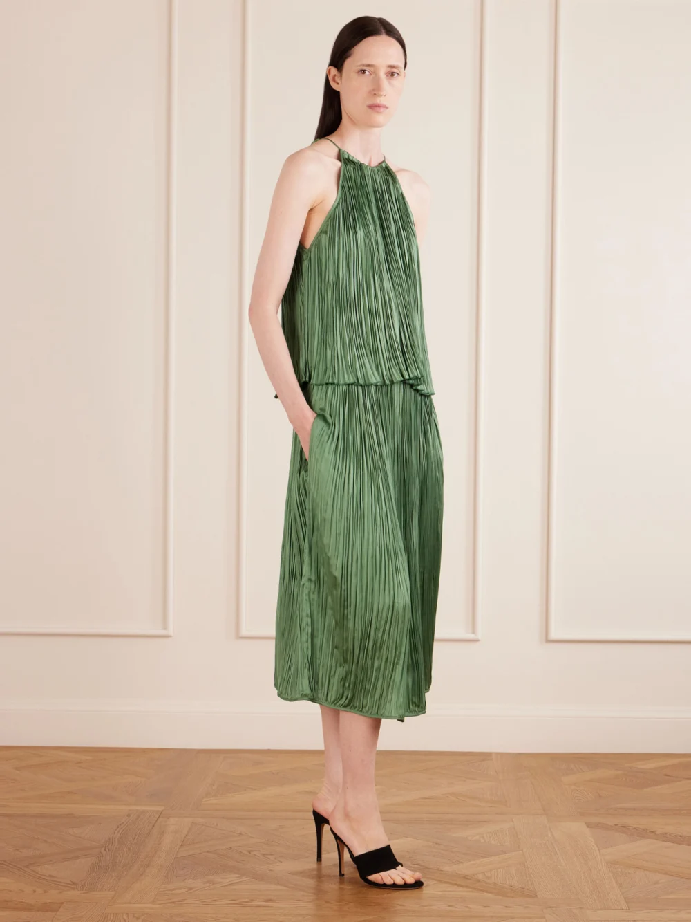 Aflalo Avelline Plissé-satin Midi Skirt, worn by a model