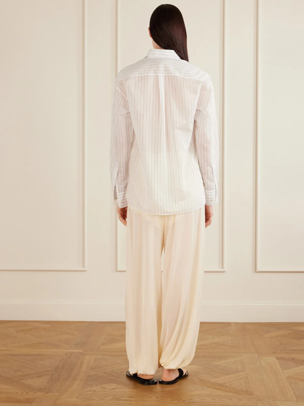 Back view of the Aflalo Brein Striped Cotton and Silk-blend Voile Shirt