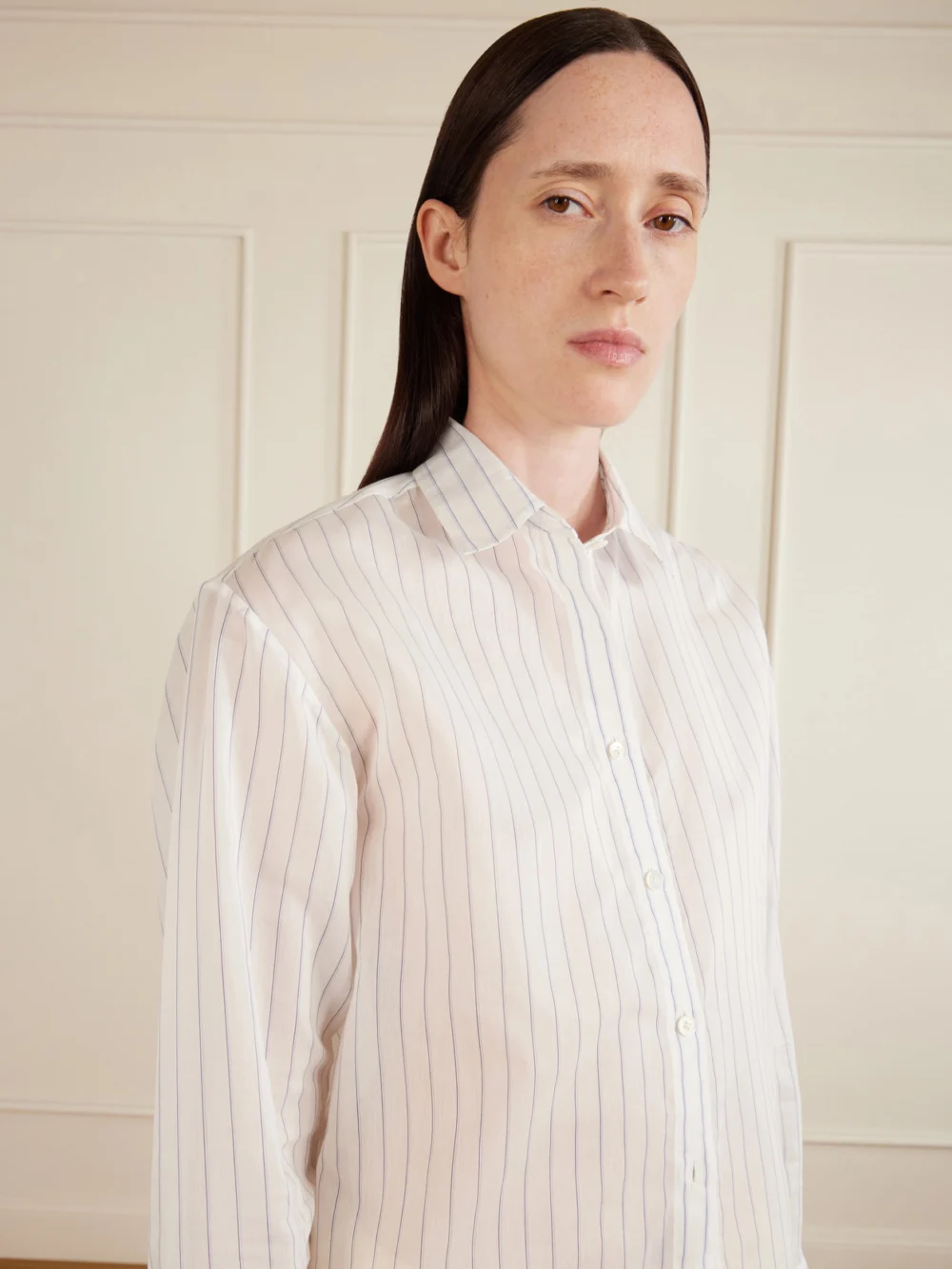 Close-up detail of the Aflalo Brein Striped Cotton and Silk-blend Voile Shirt