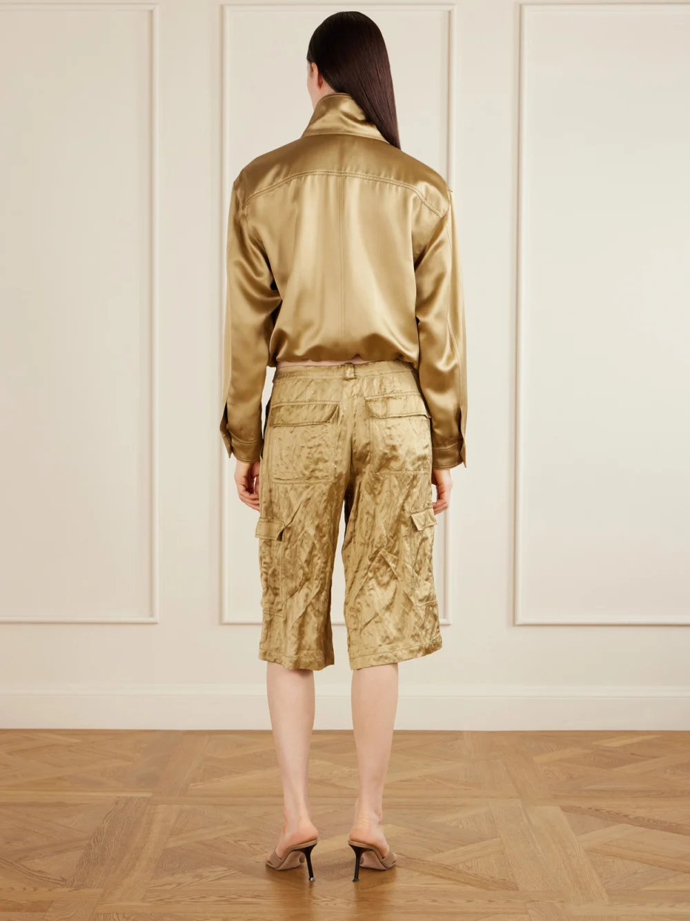 Back view of the Aflalo Bromer Crinkled-satin Straight-leg Shorts