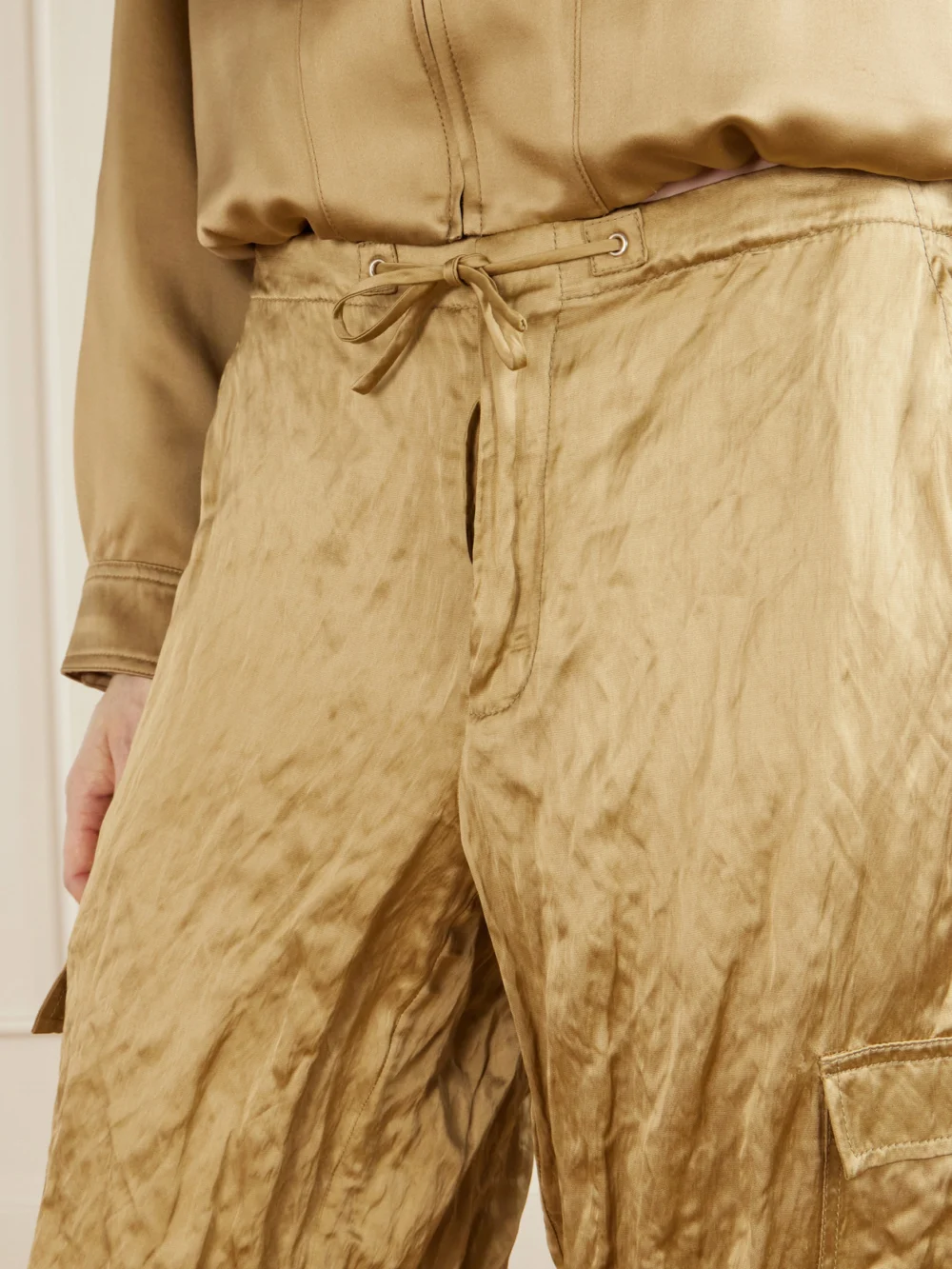 Close-up detail of the Aflalo Bromer Crinkled-satin Straight-leg Shorts