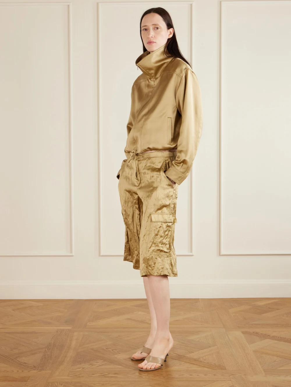 Aflalo Bromer Crinkled-satin Straight-leg Shorts, worn by a model