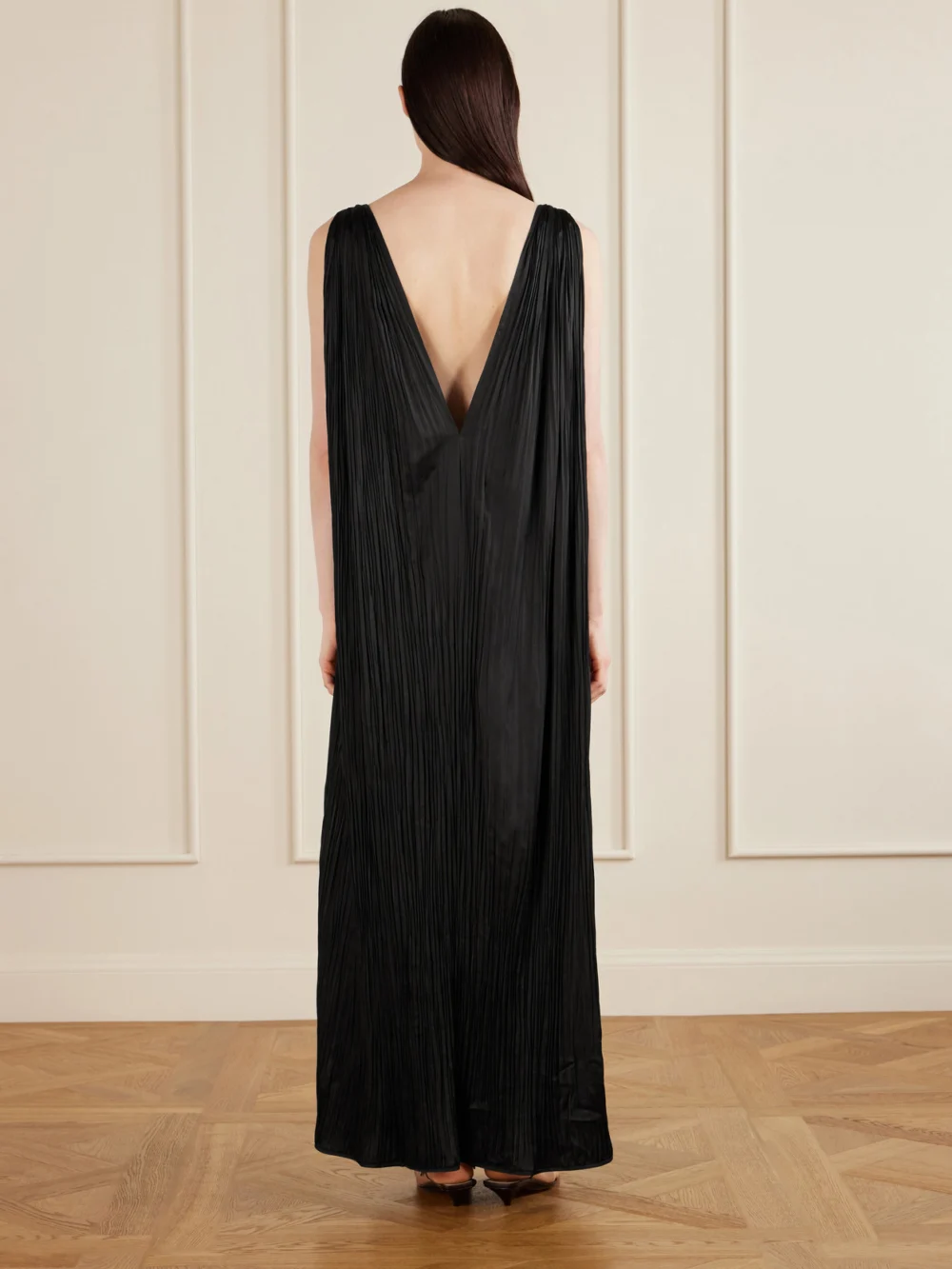 Back view of the Aflalo Celestia Plissé-satin Maxi Dress