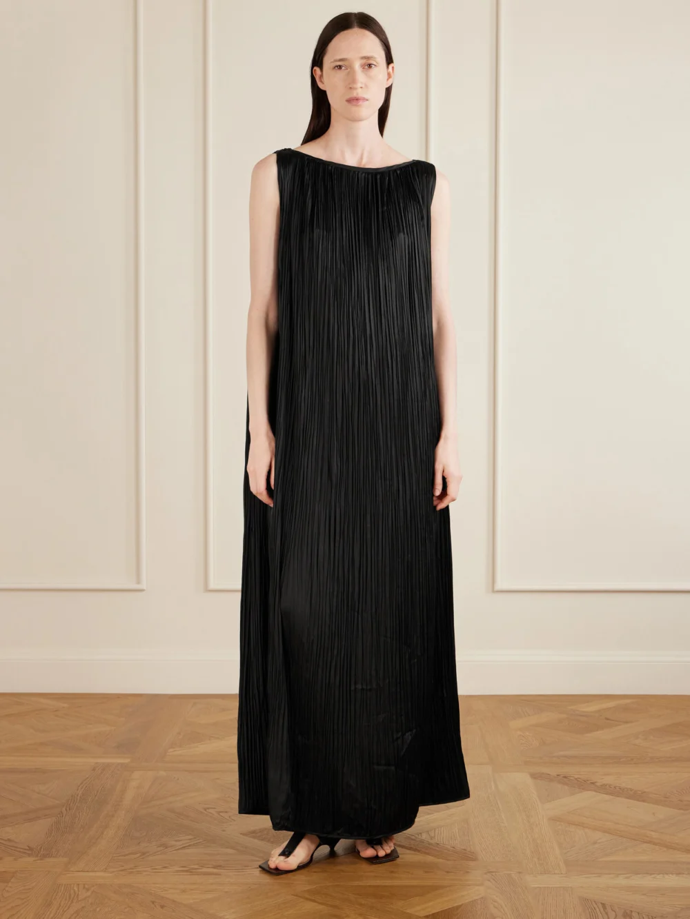 Aflalo Celestia Plissé-satin Maxi Dress, worn by a model