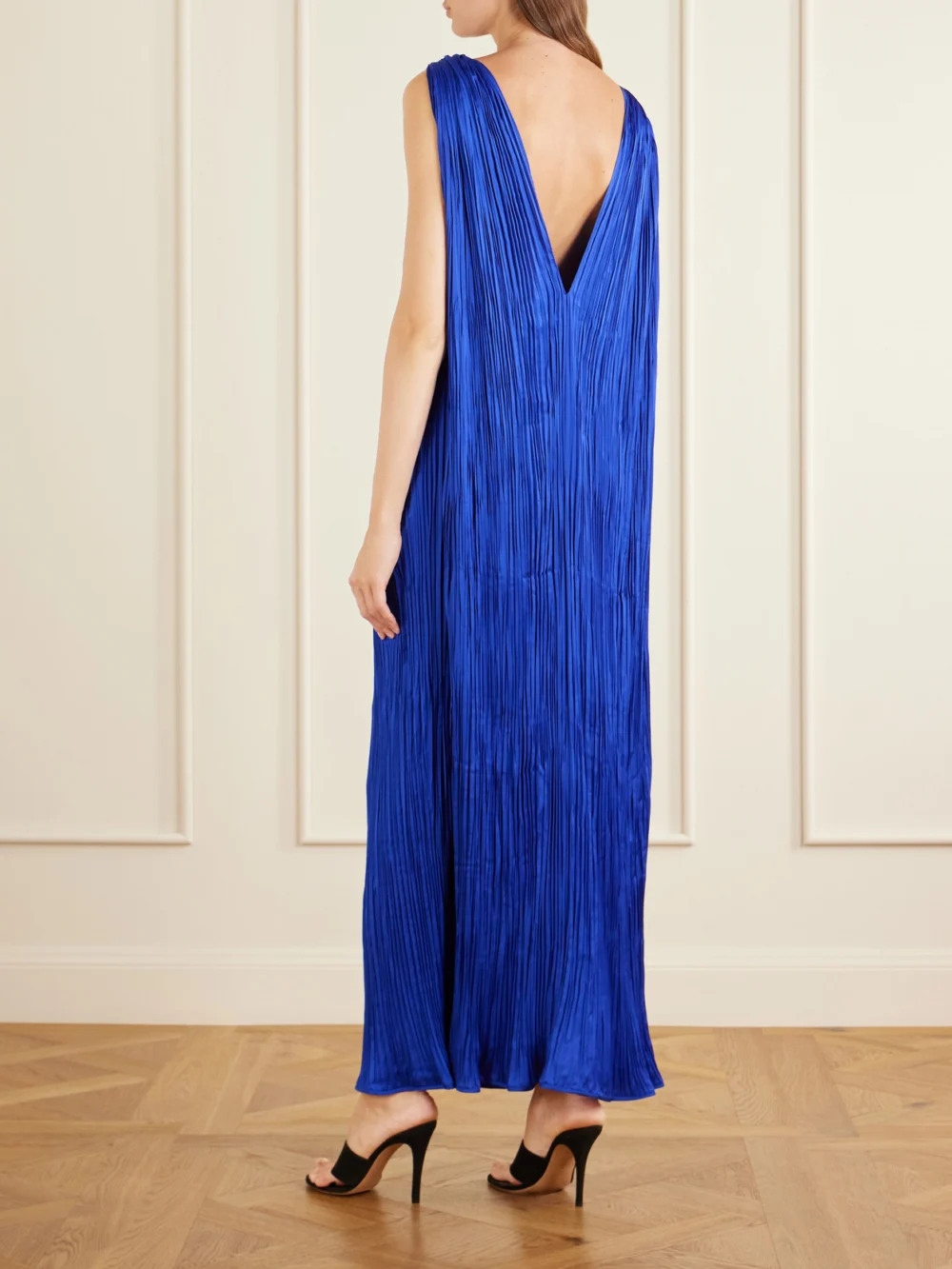 Back view of the Aflalo Celestia Plissé-satin Maxi Dress