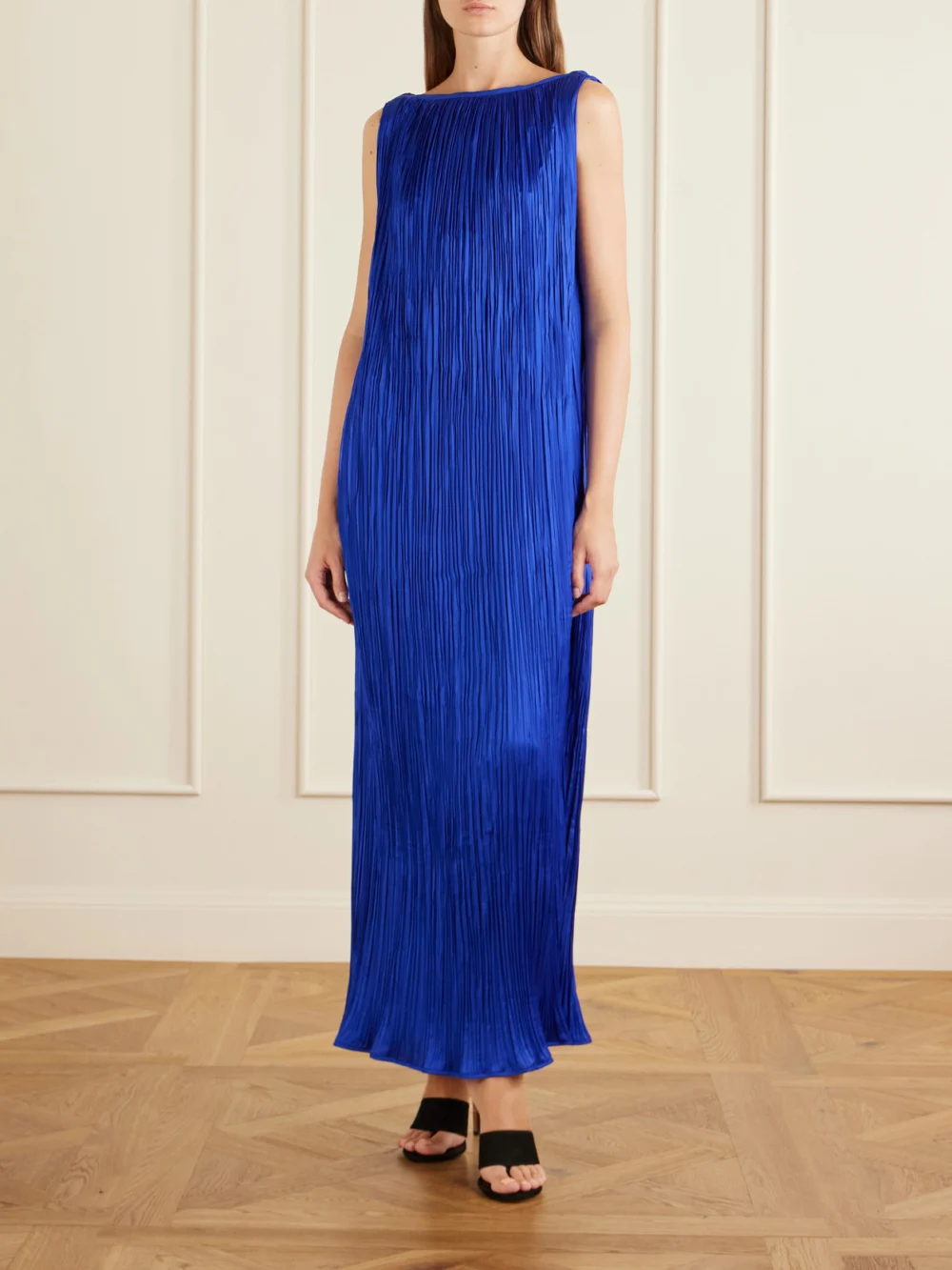 Aflalo Celestia Plissé-satin Maxi Dress, worn by a model