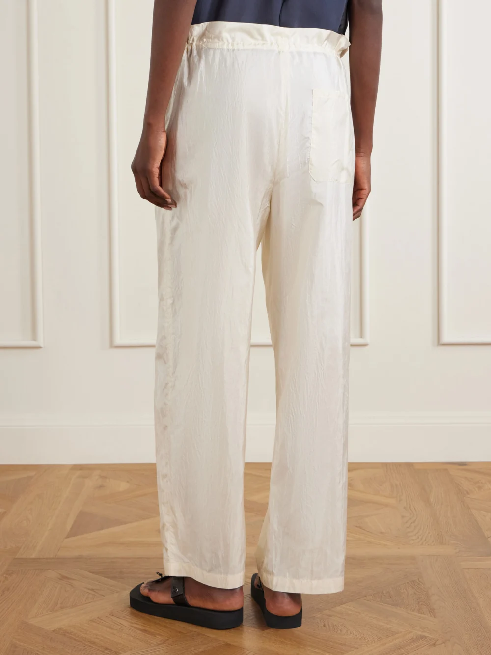 Back view of the Aflalo Morocco Cotton and Silk-blend Habotai Wide-leg Pants