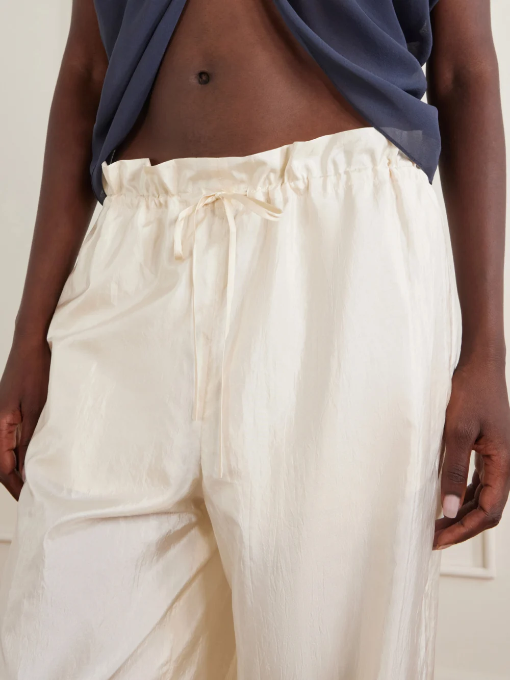 Close-up detail of the Aflalo Morocco Cotton and Silk-blend Habotai Wide-leg Pants