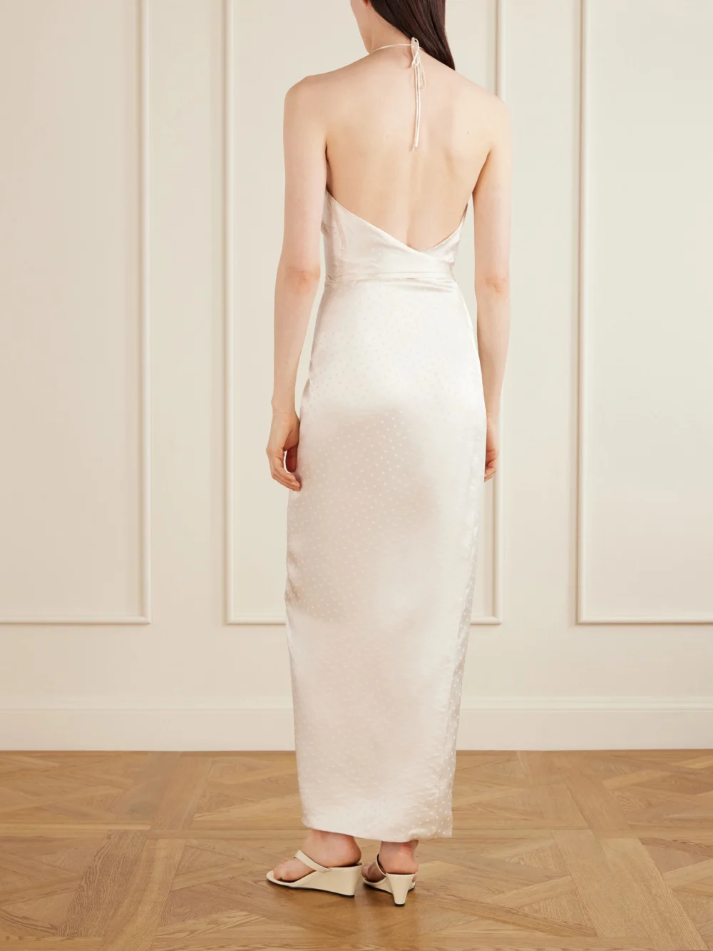 Back view of the Aflalo Nourin Polka-dot Knotted Satin-jacquard Halterneck Maxi Dress