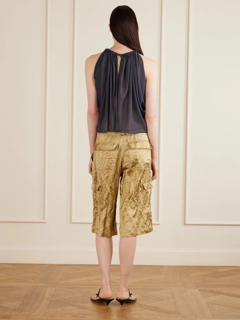 Back view of the Aflalo Reysa Gathered Silk-crepe Top