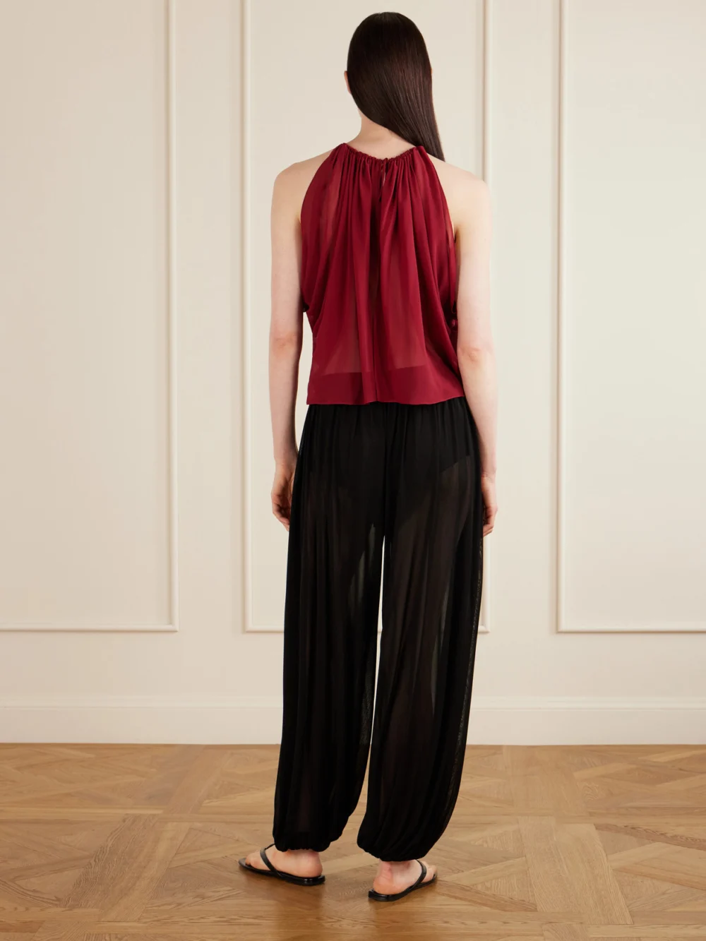 Back view of the Aflalo Reysa Ruched Silk-crepe Top