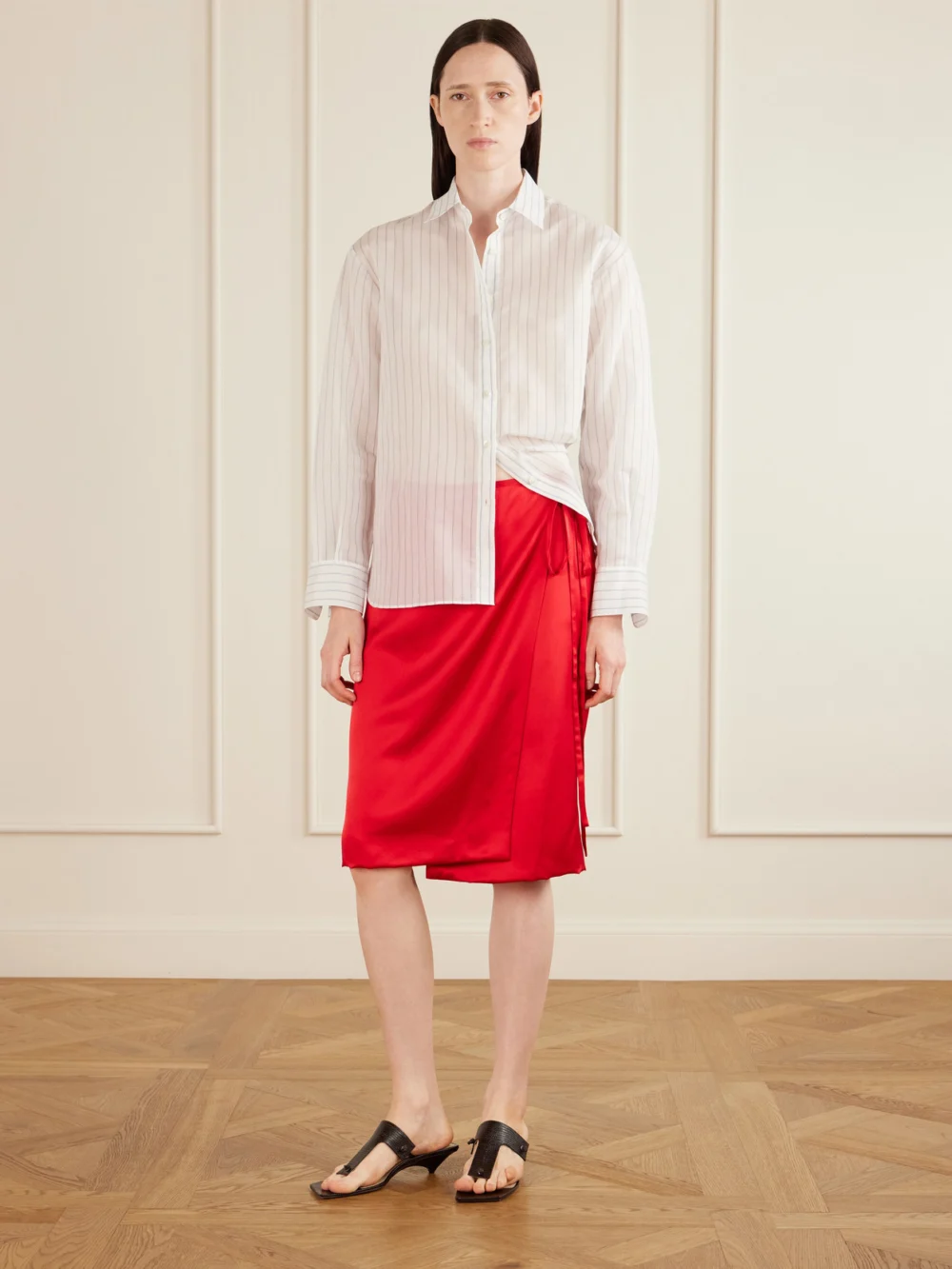 Aflalo Rixa Satin Wrap Midi Skirt, worn by a model