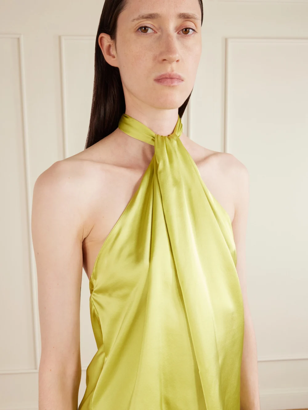 Close-up detail of the Aflalo Safira Silk-satin Halterneck Top