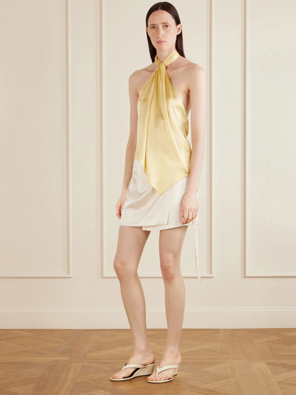 Aflalo Shejo Polka-dot Satin-jacquard Mini Skirt, worn by a model
