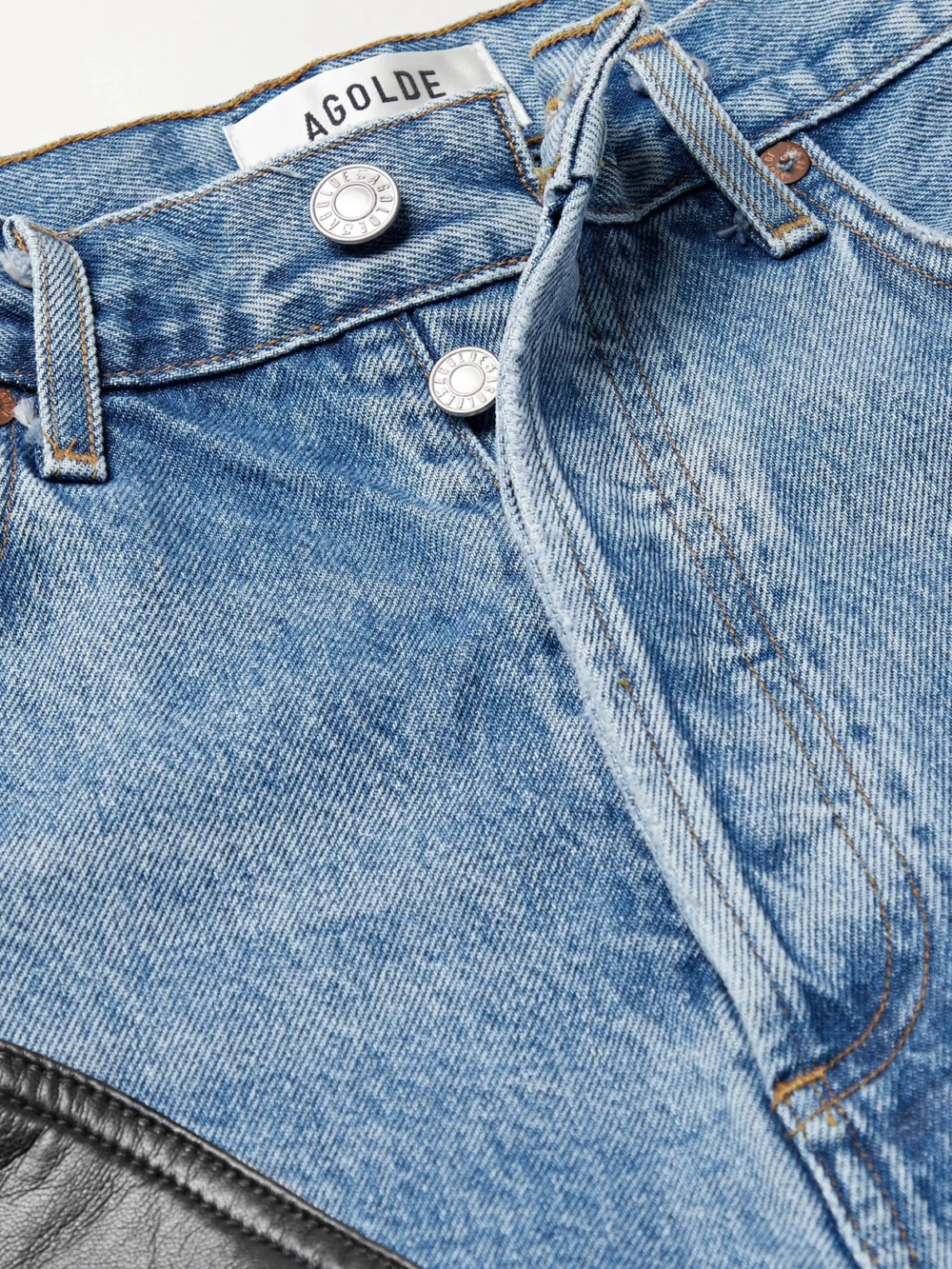 Close-up detail of the Agolde Harley Layered Leather-blend and Denim High-rise Straight-leg Jeans