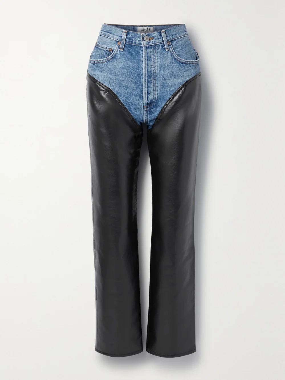 Agolde Harley Layered Leather-blend and Denim High-rise Straight-leg Jeans in black