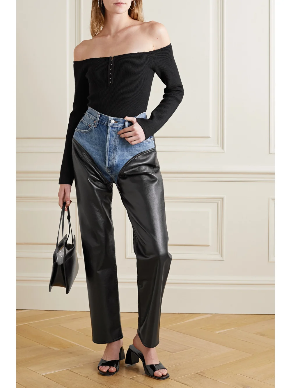 Agolde Harley Layered Leather-blend and Denim High-rise Straight-leg Jeans, worn by a model