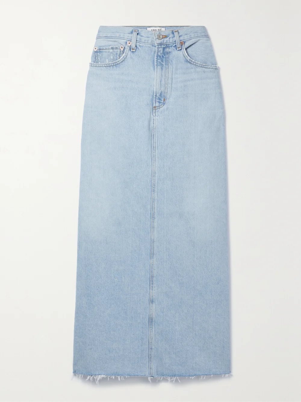Agolde Hilla Frayed Organic Denim Maxi Skirt in light denim
