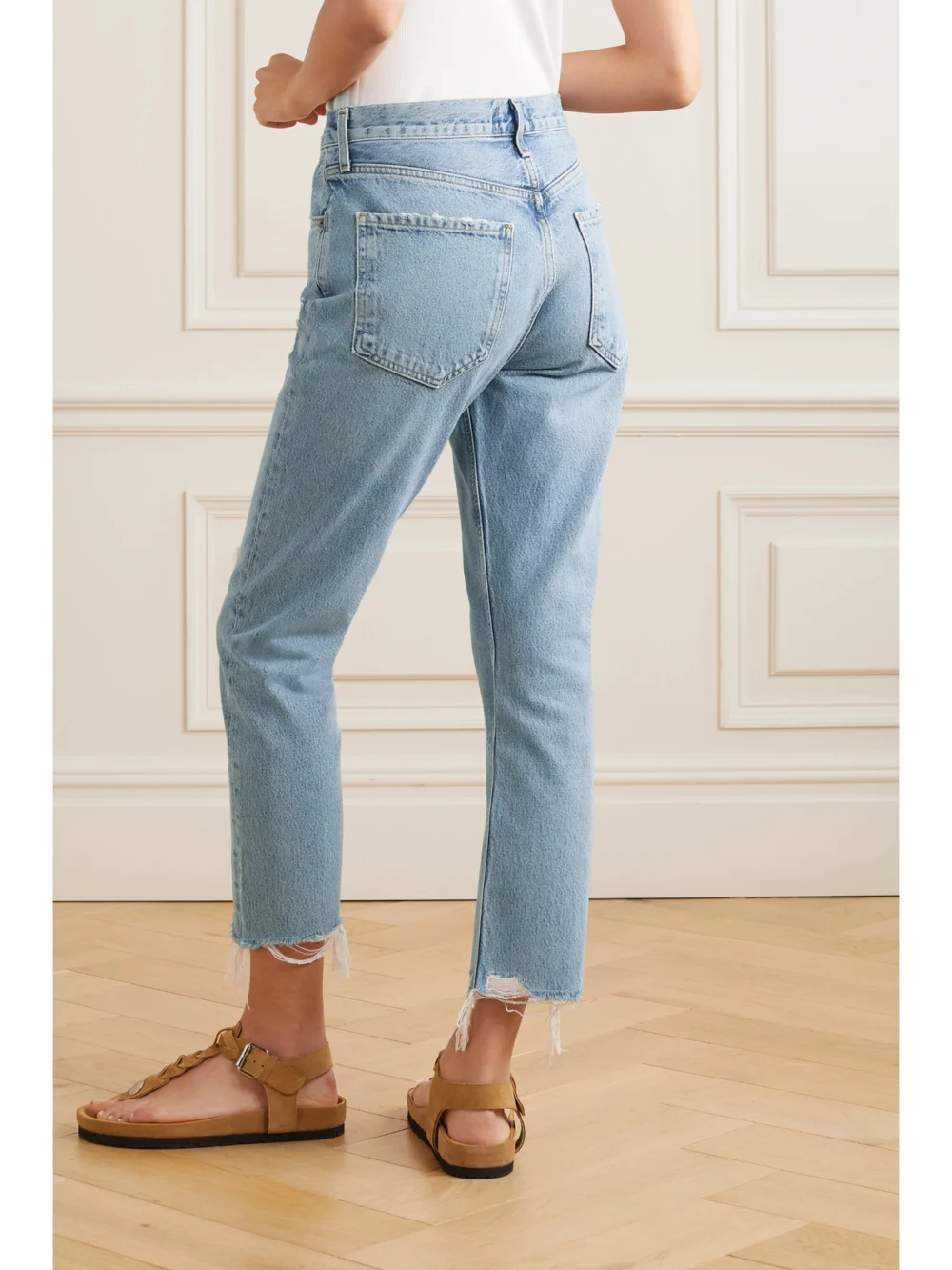 Back view of the Agolde Riley Distressed Cropped Organic High-rise Straight-leg Jeans