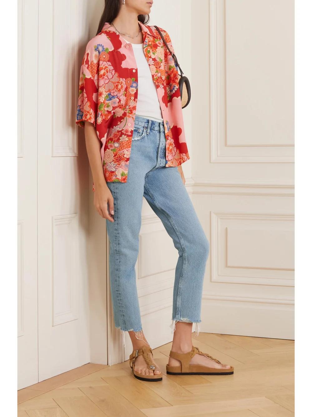 Agolde Riley Distressed Cropped Organic High-rise Straight-leg Jeans, worn by a model