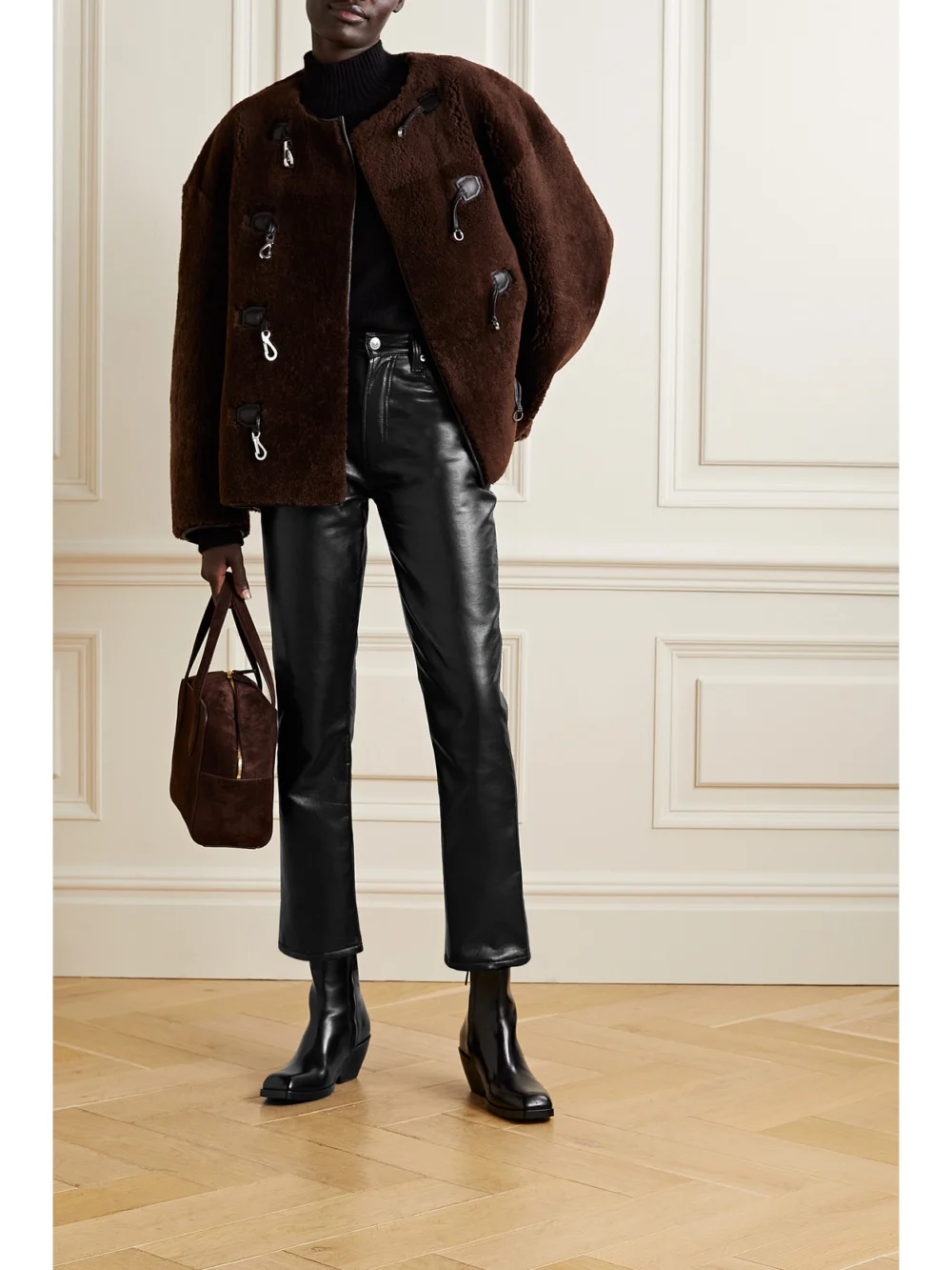 Agolde Riley Long Recycled Leather-blend Straight-leg Pants, worn by a model