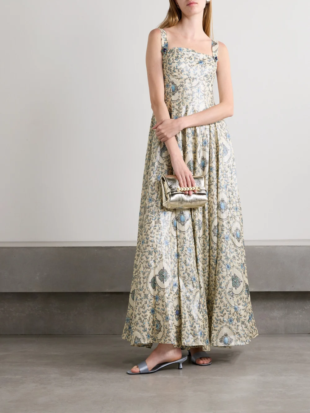 Agua by Agua Bendita Aguamarina Platero Floral-print Linen Maxi Dress, worn by a model