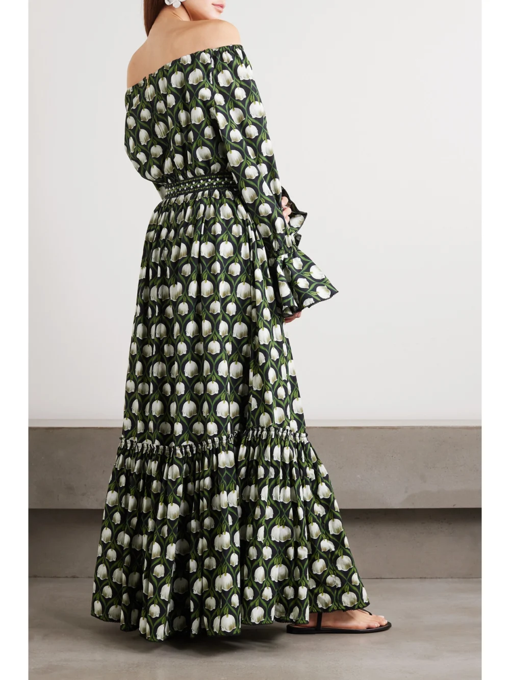 Back view of the Agua by Agua Bendita Almendra Off-the-shoulder Floral-print Cotton Maxi Dress