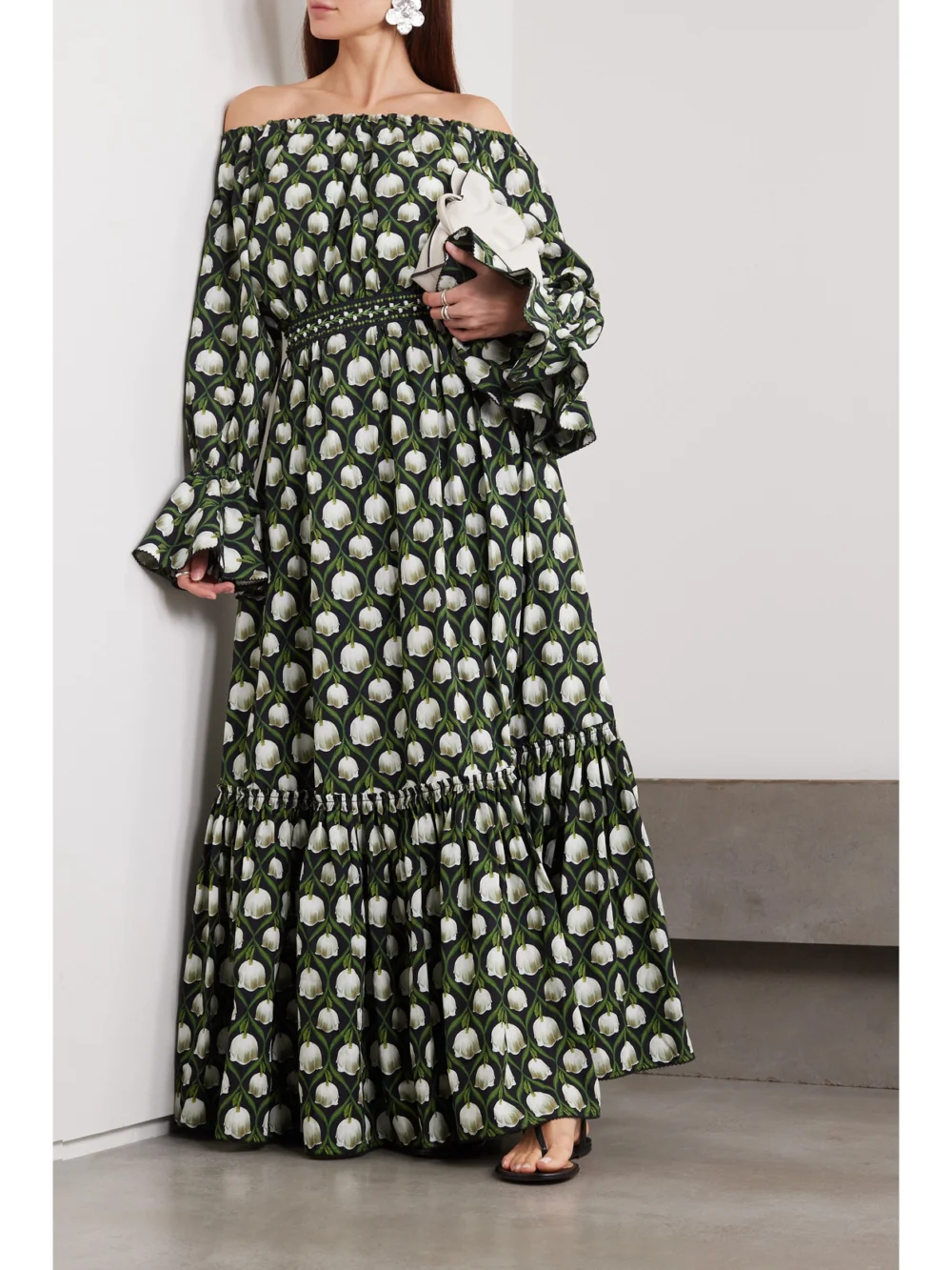 Agua by Agua Bendita Almendra Off-the-shoulder Floral-print Cotton Maxi Dress, worn by a model