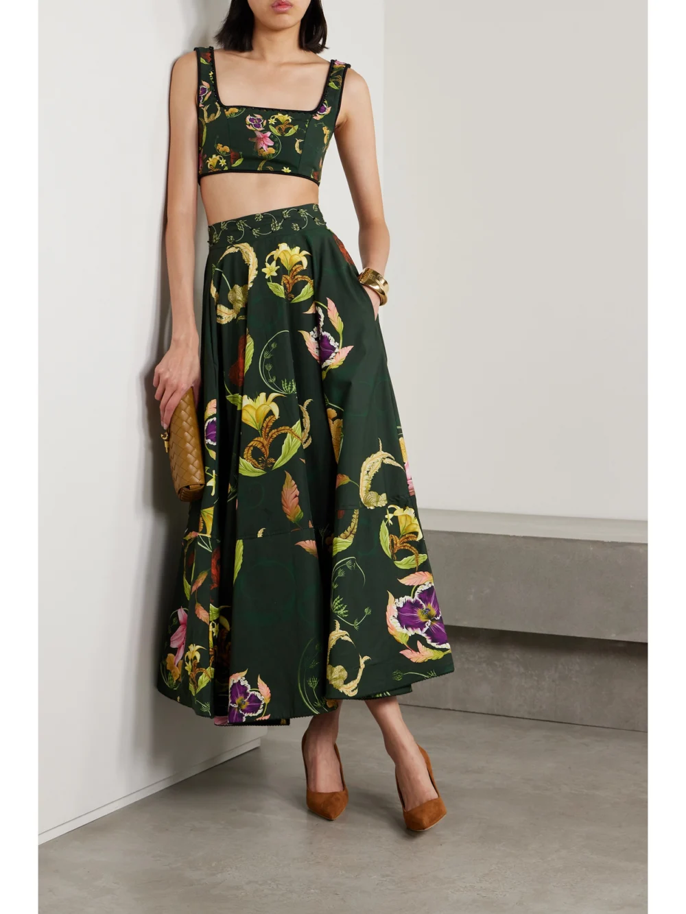 Agua by Agua Bendita Amanda Marina Cropped Embellished Floral-print Cotton Tank, worn by a model